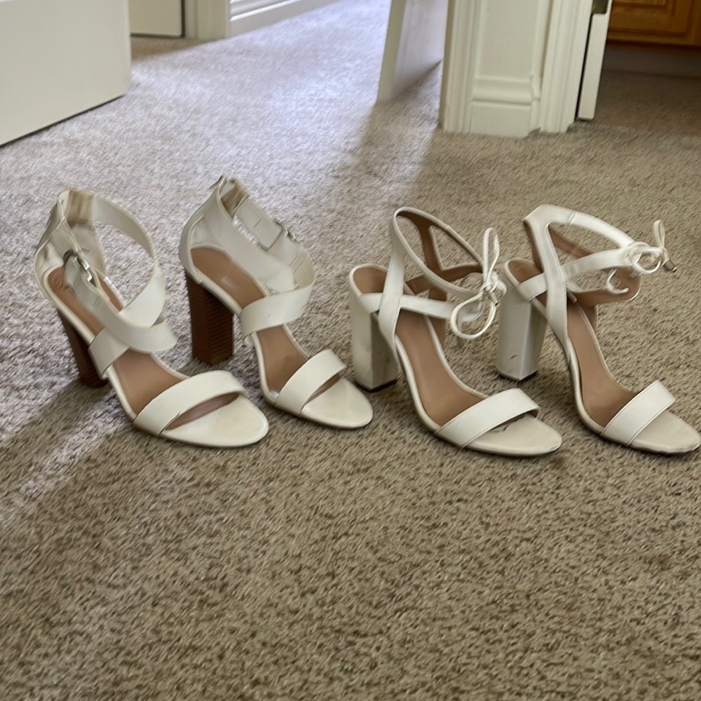 Two Pairs of White Heel Sandals